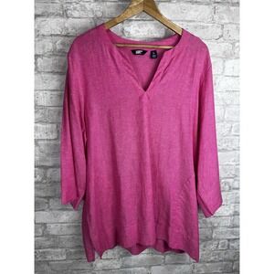 New Lands' End Linen Split Neck‎ 3/4 Sleeve Tunic Top Popover Pink Pockets XL